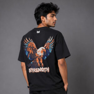 Puff Print Strength Eagle Oversized Black T-Shirt for Men | Graphic Streetwear Back Print Tee