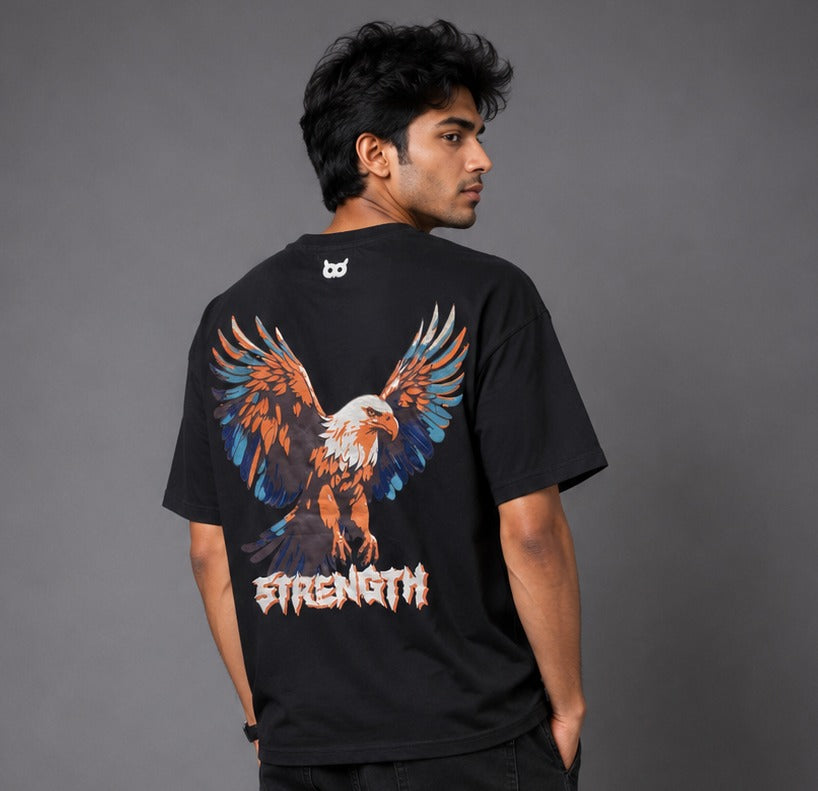 Puff Print Strength Eagle Oversized Black T-Shirt for Men | Graphic Streetwear Back Print Tee