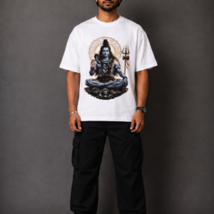Lord Shiva Meditating Oversized Graphic T-Shirt - Divine White