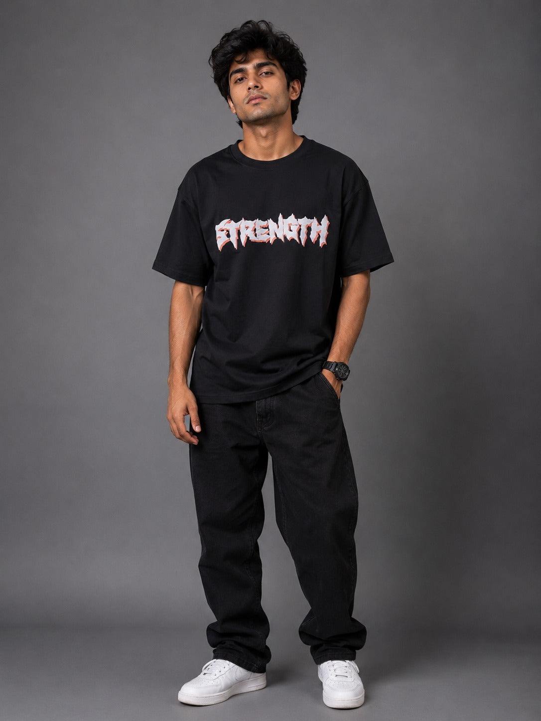 Puff Print Strength Eagle Oversized Black T-Shirt for Men | Graphic Streetwear Back Print Tee - Image 3